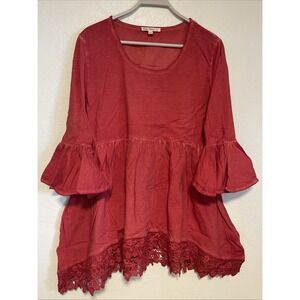 Indigo Thread‎ Co Boho Coral Pink Top Crochet Edge Minidress Size Large